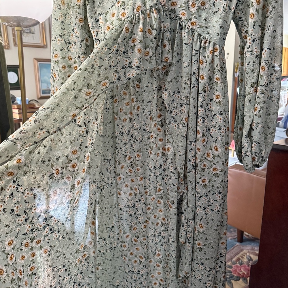 Altar'd State Sage Pastel Green Floral Long Sleeve Ruffle Maxi Dress - Picture 6 of 10